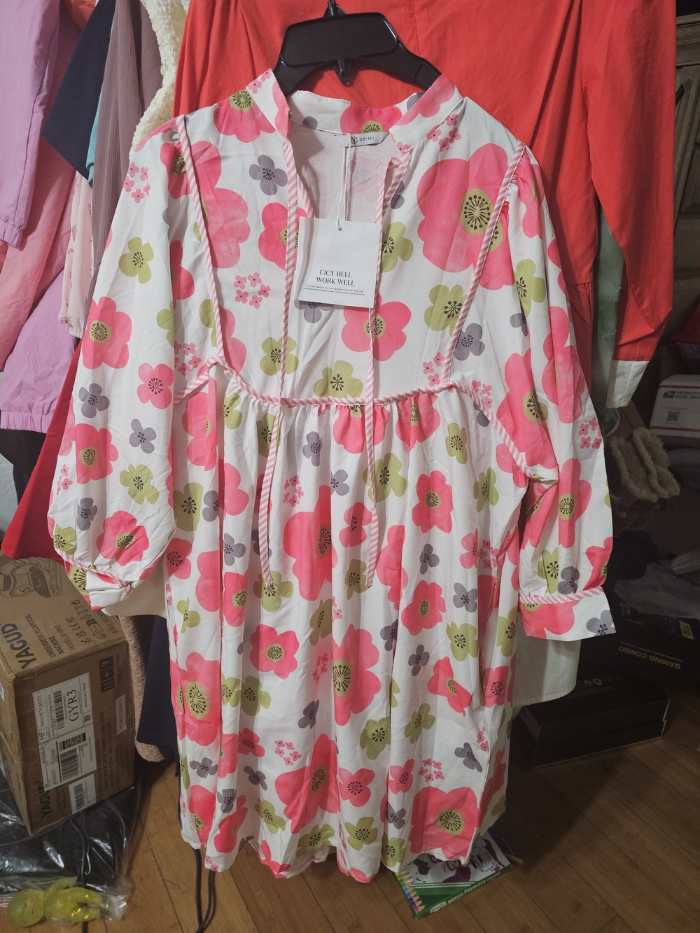 Cici Bell Womans' Long Sleeve Pink Floral Cotton Dress